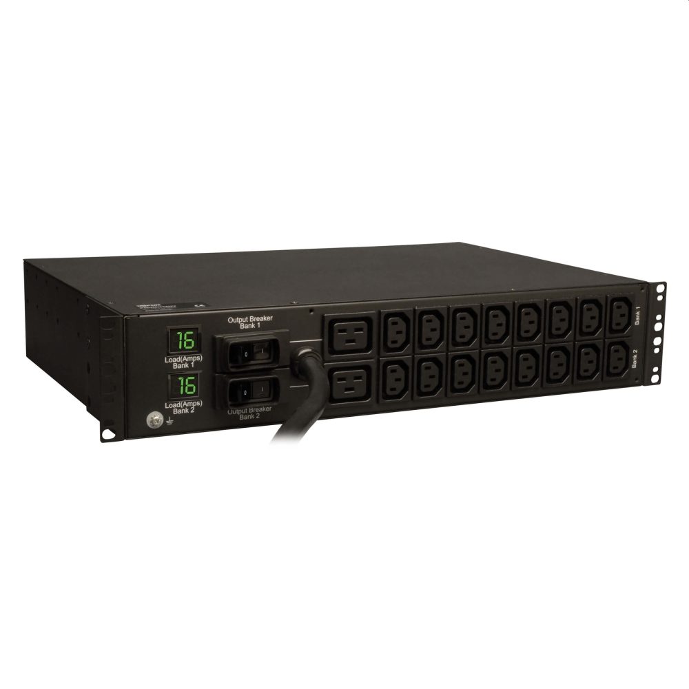 Tripp Lite by Eaton 7.4kW Single-Phase Local Metered PDU, 230V Outlets (2-C19, 16-C13), IEC-309 230V 32A Blue, 12 ft. (3.66 m) Cord, 2U Rack-Mount, TAA