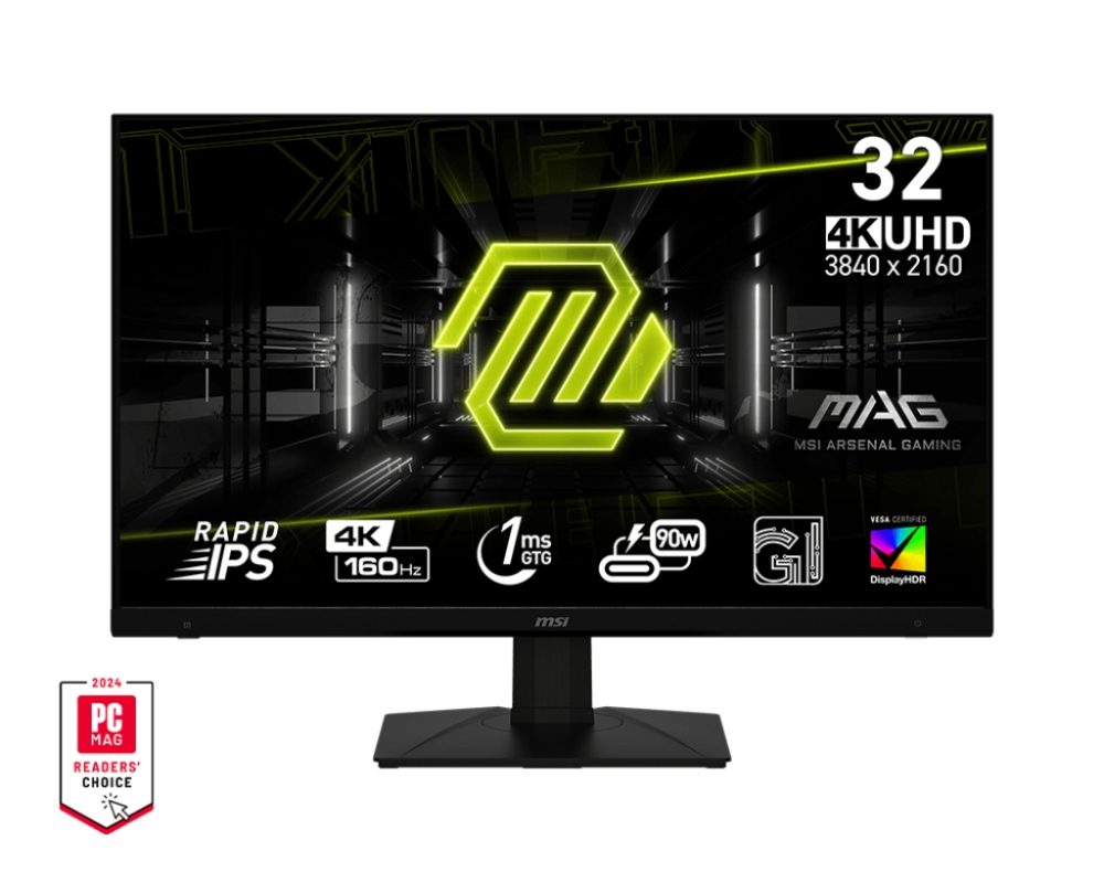 MSI MAG 322UPF, 32", Rapid IPS, 160Hz, 1ms, UHD 3840x2160, FLAT, HDR 400, FreeSync Premium, KVM, Console mode, APP, PIP, PBP, 400 nits, 1000:1, 100M:1, DP (1.4a), 2x HDMI (2.1), 1x Type-C (DP alt. PD 90W), USB HUB, Adj.Stand 100mm, Swivel, Tilt, VESA