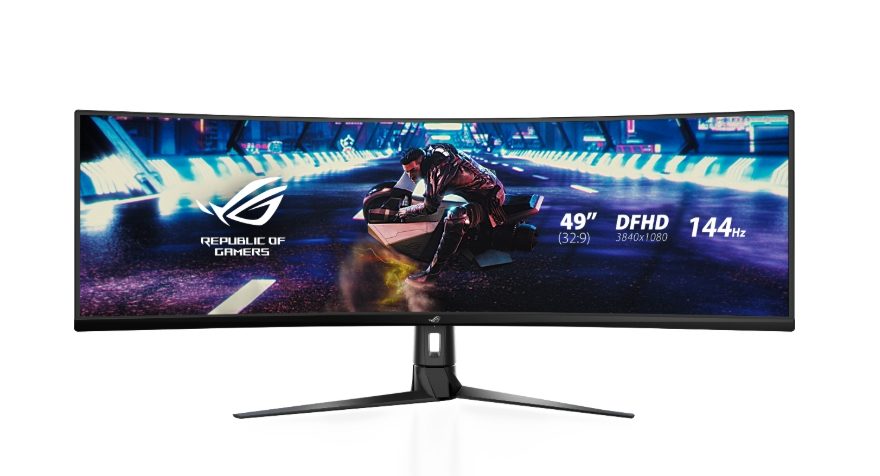 Asus ROG STRIX Curved XG49VQ, 49" DFHD (3840x1080) Gaming монитор, VA, до 144Hz, 125% sRGB, DP, HDMI, USB3.0, FreeSync 2 HDR, DisplayHDR400, AuraSync, Червен+Тъмно сив