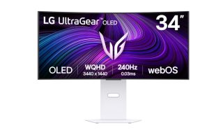 LG 34GX90SA-W 34" OLED UltraGear 21:9 Curved Smart монитор, IPS 0.03ms, WQHD (3440x1440), 240Hz, HDR 10, 1500000:1, 250 cd/m2, DCI-P3 98.5%, USB 3.0, VRR, FreeSync, G-Sync, USB-C, PD 65W, HDMI, DP, PBP, говорители, LG Switch, височина, завъртане, наклон, бял