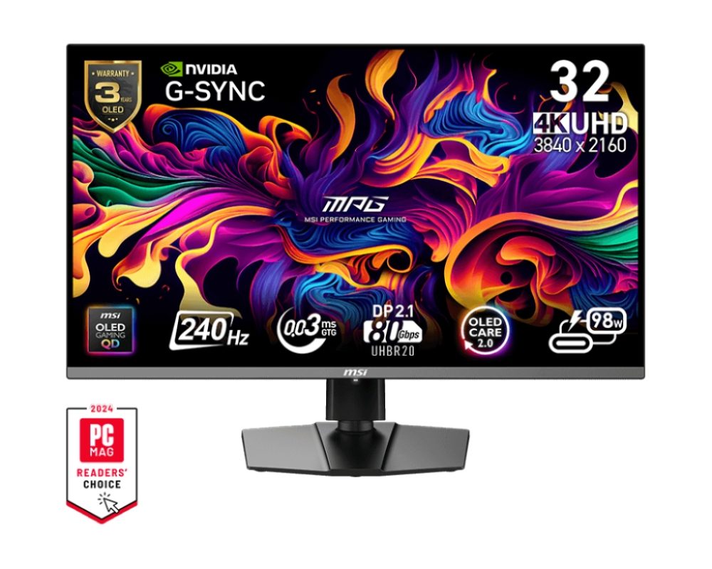 MSI MPG 322URX QD-OLED Gaming Monitor, 31.5", 0.03ms, 240Hz, 3840x2160, G-SYNC, AMD FreeSync Premium Pro, AI Vision, Console Mode, ClearMR 13000, HDR True Black 400, Type-C(98W PD), DP(2.1a), 2xHDMI(2.1), USB Hub, Pivot, Heigh Adj., VESA 100, Black, 9.6k