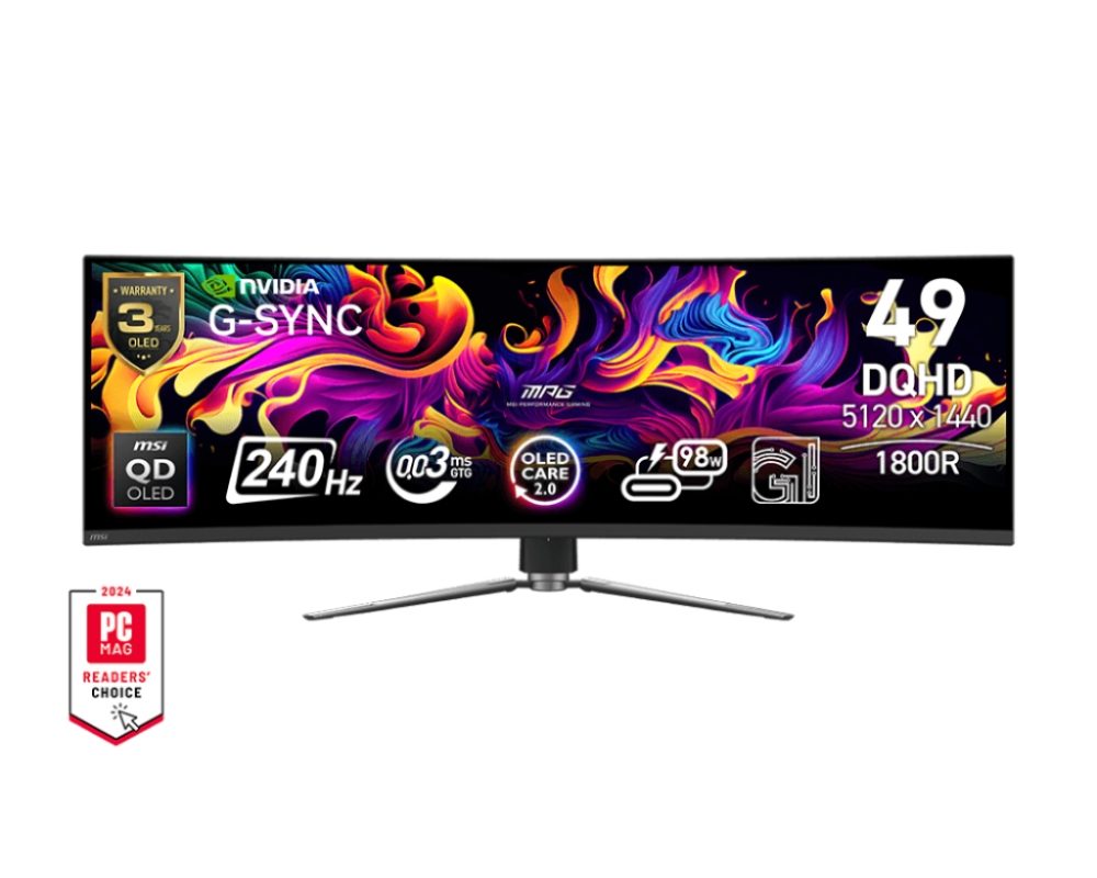 Монитор MSI MPG 491CQPX QD-OLED, 49", 5120x1440, 240Hz, 0.03ms, извивка 1800R, 32:9, G-Sync Compatible, HDR True Black 400, черен