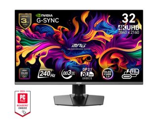 Монитор MSI MPG 322URX QD-OLED, 31.5", 0.03ms, 240Hz, Flat, 3840x2160 UHD, 16:9, G-Sync Compatible, HDR True Black 400, 450 nits, 99% DCI-P3, AG, 1.5M:1, 100M:1, DP(2.1a), 2xHDMI 2.1, 1xTypeC DP alt. w/PD (98W), USB HUB, Pivot, Height Adj., VESA, Black, 9.6kg