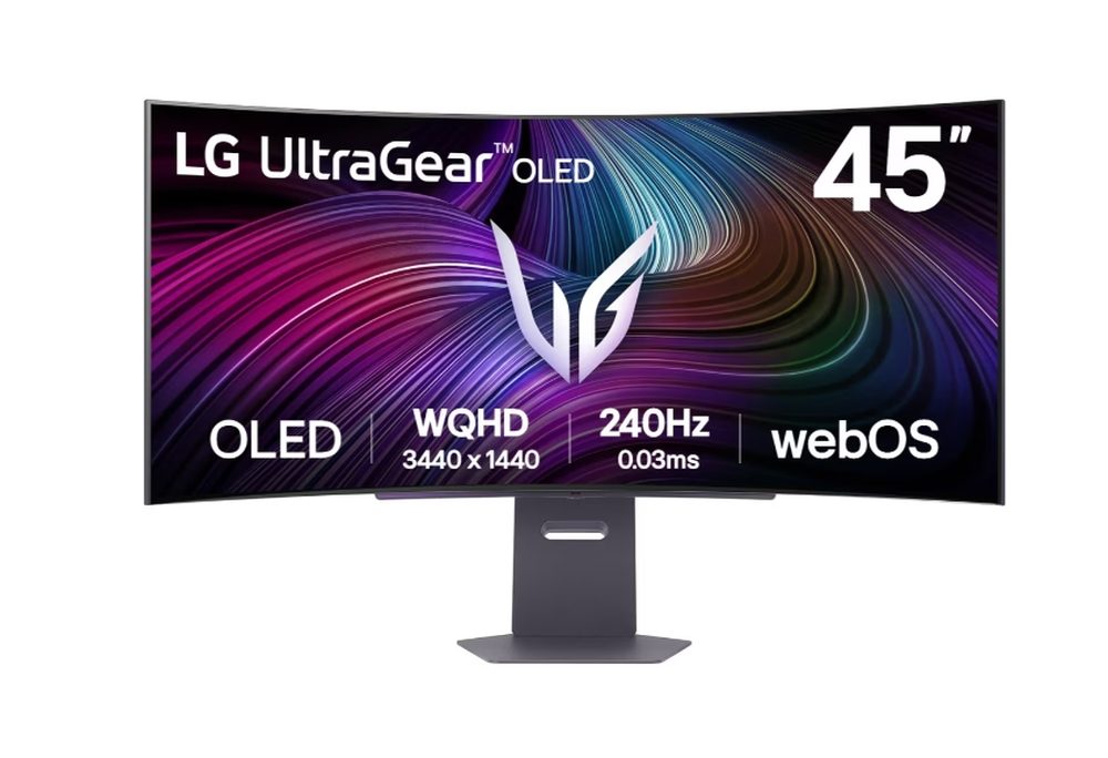 LG 45GX90SA-B, 44.5" OLED UltraGear 21:9 Curved Smart монитор, 0.03 ms, WQHD (3440x1440), 240Hz, HDR 400, 1500000:1, 250 cd/m2, DCI-P3 98.5%, VRR, FreeSync, G-Sync, USB-C, PD 65W, HDMI, DP, PBP, Високоговорители 7W x2, Bluetooth, LG Switch, Регулиране на височина, Завъртане, Наклон, Черен
