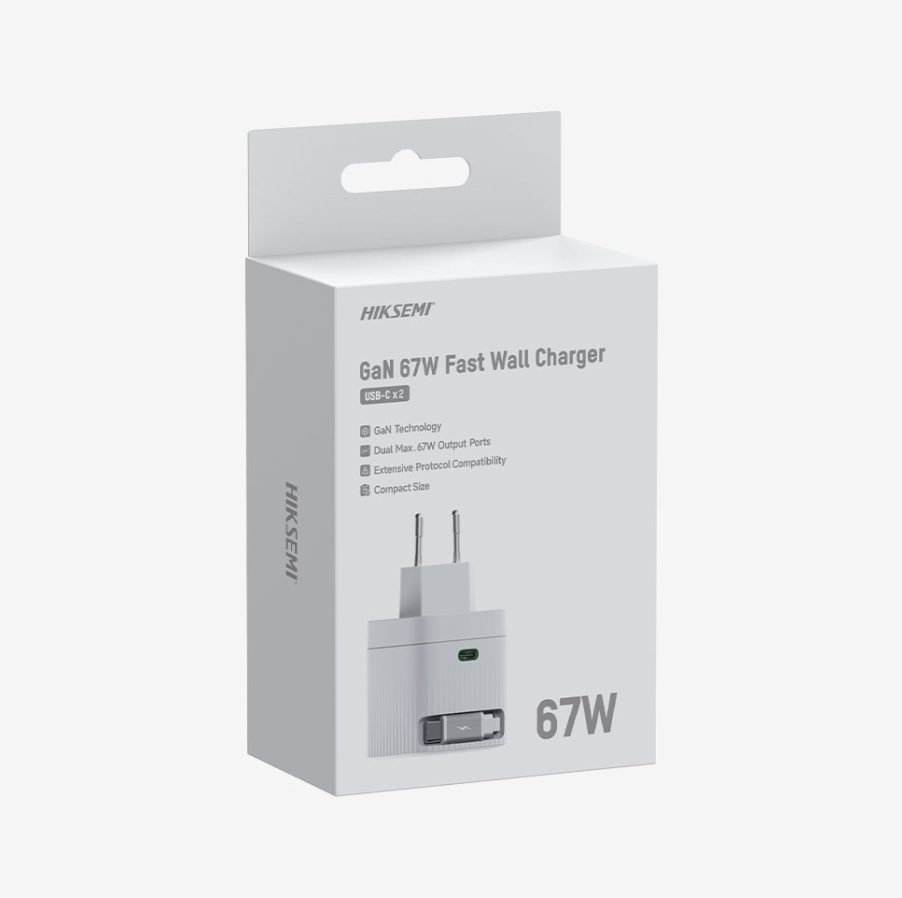 HikVision GaN Fast Charger 2C 67W, USB-C прибиращ се кабел и USB C порт, универсална съвместимост (телефони, таблети, лаптопи, switch и други устройства), преносим