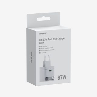 HikVision GaN Fast Charger 2C 67W, USB-C прибиращ се кабел и USB C порт, универсална съвместимост (телефони, таблети, лаптопи, switch и други устройства), преносим