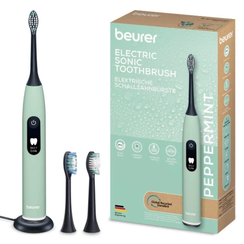 Beurer SC 50 peppermint електрическа звукова четка за зъби, до 80 000 движения/мин, 5 програми за почистване: Clean, Sensitive, Polish, Gum Care, Whiten, сензор за натиск, 2-минутен таймер, включва 2 глави за четка и магнитна зарядна станция, 22 дни живот на батерията
