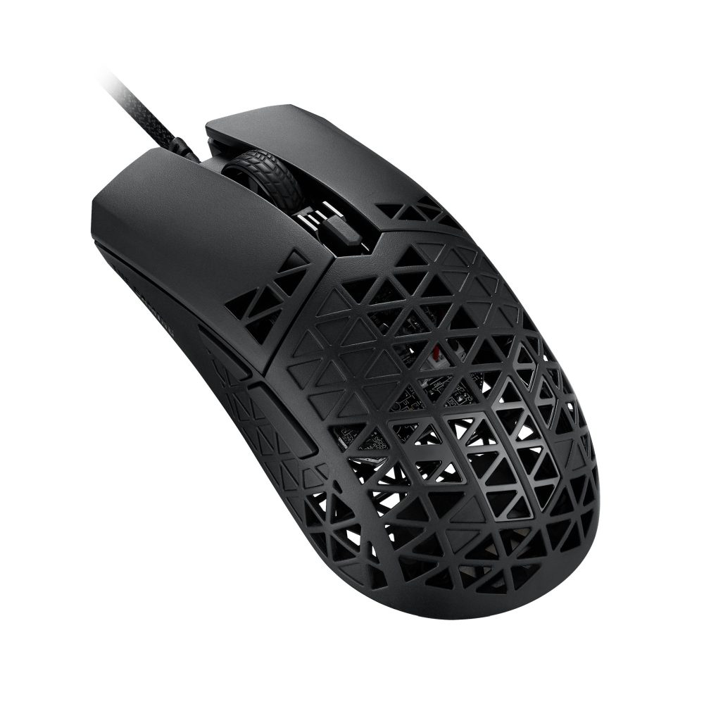 Asus TUF Gaming M4 Air Wired Gaming Mouse, 16,000 DPI сензор, 6 програмируеми бутона, ултралека въздушна обвивка, IPX6 водоустойчивост, ASUS Antibacterial Guard, TUF Gaming Paracord, чисти PTFE крачета, черен