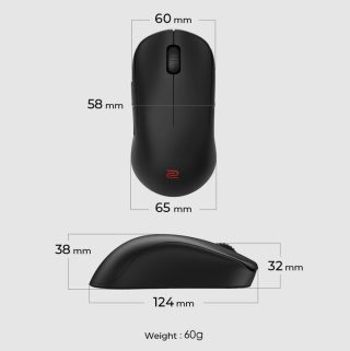 BenQ ZOWIE U2 Wireless Mouse For Esports, размер M, 60g, до 1000 Hz, до 3200 DPI, симетричен дизайн, вдлъбнати от двете страни за ловкост при многоъгълно движение, безжичен дизайн с подобрен приемник, без драйвери, plug and play