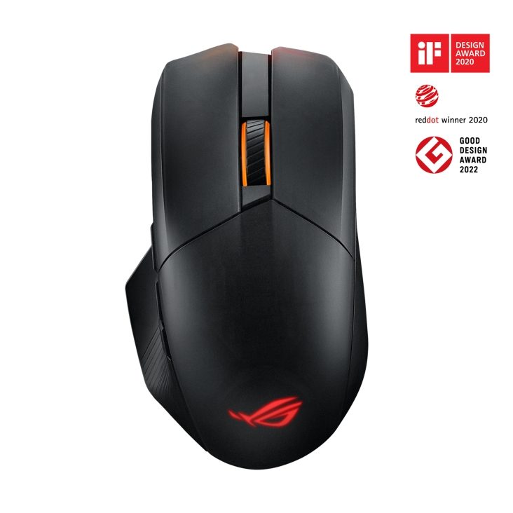 Asus ROG Chakram X Origin Gaming Mouse, Tri-mode свързване (2.4GHz RF, Bluetooth, Wired), 36000 DPI сензор, 11 програмируеми бутона, отделящ се джойстик, Paracord кабел, Черен