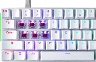 Asus ROG Falchion Ace 65% компактна геймърска клавиатура с предварително смазани механични превключватели ROG NX със стабилизатор ROG switch, звукопоглъщаща пяна, интерактивен сензорен панел, два Type-C порта, три ъгъла на наклон на клавиатурата и защитен калъф, US подредба, Бяла