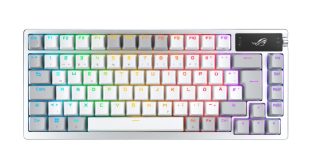 Asus ROG Azoth X 75% персонализирана геймърска клавиатура, ROG NX Snow V2, dye-sub и полупрозрачни клавиши, gasket mount, петслойна шумоизолация, FR4 платка, south-facing PCB, OLED дисплей и копче, RGB-White