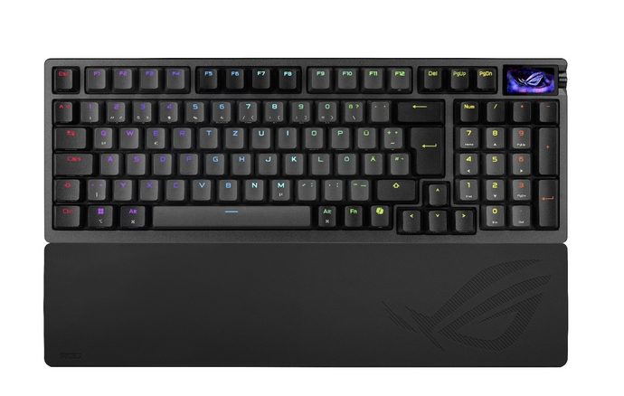 ASUS ROG Azoth 96 HE безжична геймърска клавиатура, магнитни суичове ROG HFX V2, OLED дисплей и колелце, RGB-White