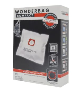 Rowenta WB305140 Wonderbag Compact, торбички за прахосмукачка, комплект от 5 торбички + 1 адаптерен пръстен, 3-слойни, универсални, текстил