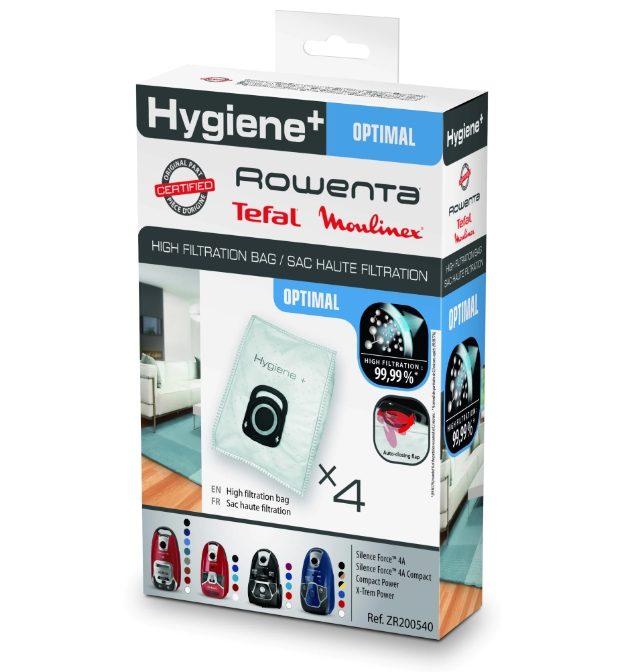 Торбичка за прахосмукачка, Rowenta ZR200540, High Filtration Hygiene +, 4 торби, 4.5 литра, автоматично затваряне