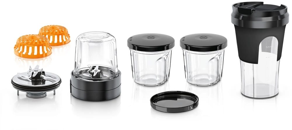 Bosch MUZ45XTM1 TastyMoments комплект, набор от 5-в-1 аксесоари за смесване, смилане, настъргване, съхранение, 3 стъклени съда за смилане и трошене, с капак