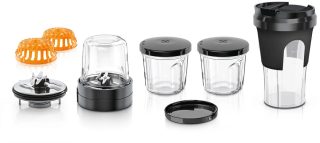 Bosch MUZ45XTM1 TastyMoments комплект, набор от 5-в-1 аксесоари за смесване, смилане, настъргване, съхранение, 3 стъклени съда за смилане и трошене, с капак