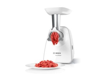Bosch MFW2515W Месомелачка, SmartPower диапазон: 1500W, 1.7 kg/min, 2 решетки, 1 приставка за наденица, приставка за пресоване на плодове, без обратно въртене, бяло