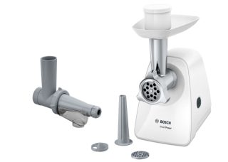 Bosch MFW2515W Месомелачка, SmartPower диапазон: 1500W, 1.7 kg/min, 2 решетки, 1 приставка за наденица, приставка за пресоване на плодове, без обратно въртене, бяло