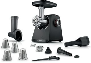 Bosch MFWS440B Месомелачка – MultiPower 1900 W, планетарна предавателна кутия, 2,5 kg/min, приставка за кебап, приставка за наденица, функция обратно въртене, черен