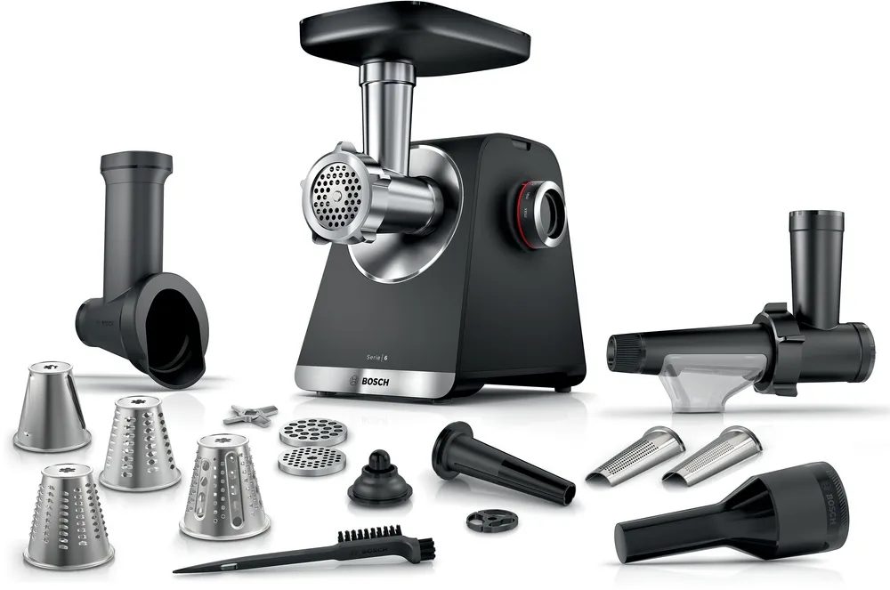 Bosch MFWS660B, SER6 Месомелачка – MultiPower 2100 W, планетарна предавателна кутия, 3,5 kg/min, с приставка за кебап, наденица, плодов сок и зеленчуци, функция обратно въртене, черен