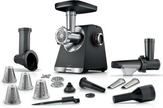 Bosch MFWS660B, SER6 Месомелачка – MultiPower 2100 W, планетарна предавателна кутия, 3,5 kg/min, с приставка за кебап, наденица, плодов сок и зеленчуци, функция обратно въртене, черен