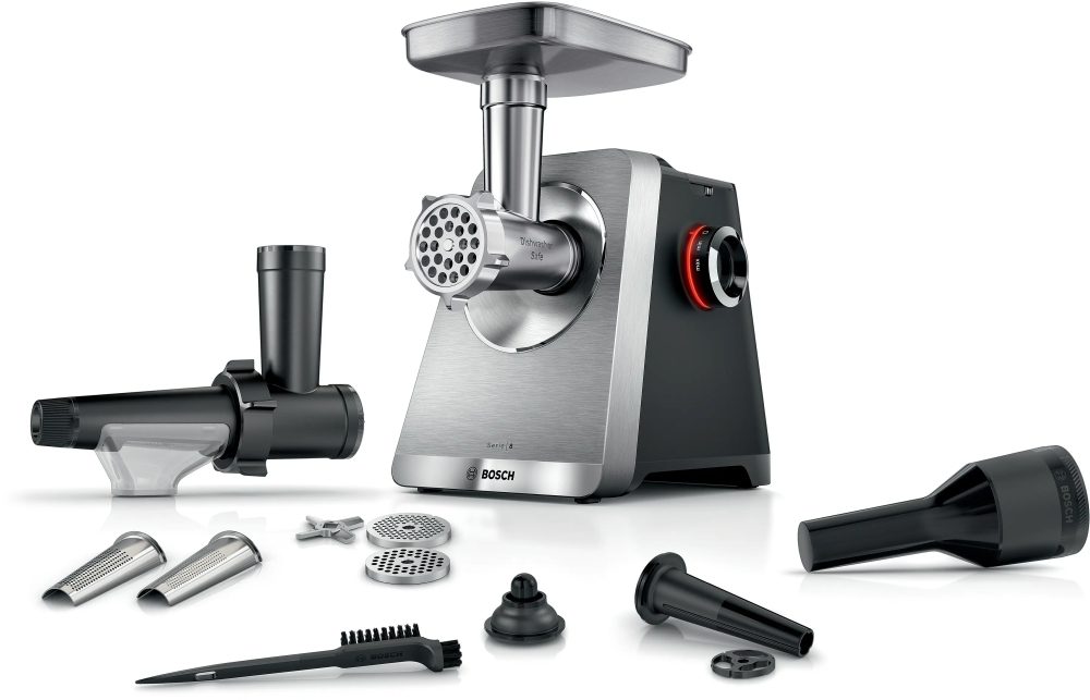 Месомелачка Bosch MFWS835M, SER8, Blocking power: 2500W, 4,5 kg/min, 10-year motor, dishwasher safe, tomato press, kebbe att., sausage att., silver black