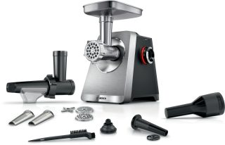 Месомелачка Bosch MFWS835M, SER8, Blocking power: 2500W, 4,5 kg/min, 10-year motor, dishwasher safe, tomato press, kebbe att., sausage att., silver black
