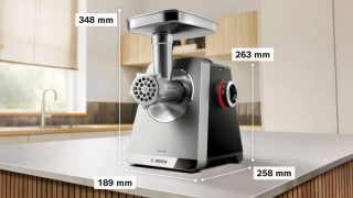 Месомелачка Bosch MFWS835M, SER8, Blocking power: 2500W, 4,5 kg/min, 10-year motor, dishwasher safe, tomato press, kebbe att., sausage att., silver black