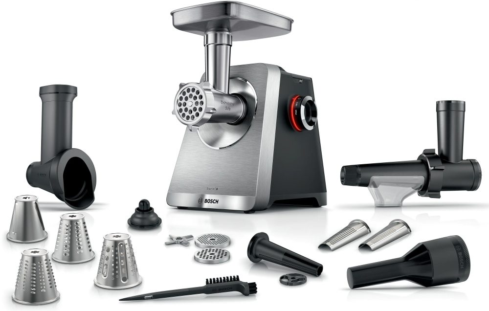 Bosch MFWS860M Месомелачка, SER8, Запорна мощност: 2500 W, 4,5 kg/min, 10-годишен мотор, съдомиялна, доматопреса, 4 решетки, приставка за кебап, приставка за наденица, сребрист/черен