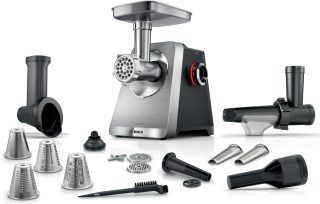 Bosch MFWS860M Месомелачка, SER8, Запорна мощност: 2500 W, 4,5 kg/min, 10-годишен мотор, съдомиялна, доматопреса, 4 решетки, приставка за кебап, приставка за наденица, сребрист/черен