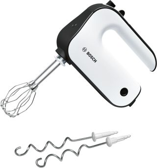 Потапящ миксер Bosch MFQ4020, Styline, 450 W, с иновативни бъркалки FineCreamer, приставка за пасиране, 5 скорости, допълнителна импулсна/турбо функция, бял-черен