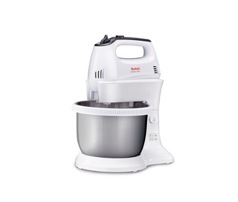 Tefal HT312138, ръчен миксер с купа Quick mix, 300 W, 5 скорости + турбо, 2 бъркалки, 2 куки за тесто, автоматично въртяща се купа, бял & неръждаема стойка-купа