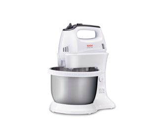 Tefal HT312138, ръчен миксер с купа Quick mix, 300 W, 5 скорости + турбо, 2 бъркалки, 2 куки за тесто, автоматично въртяща се купа, бял & неръждаема стойка-купа
