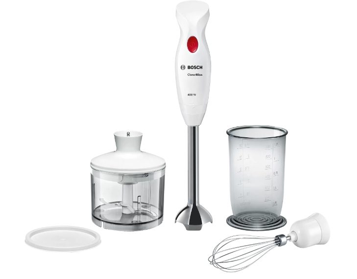 Потапящ пасатор Bosch MSM24500 CleverMixx, 400 W, с чопър и бъркалка, бъркалка от неръждаема стомана, смесителна/мерителна чаша, бял