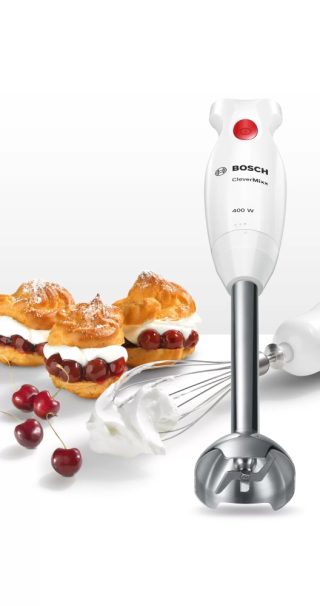 Потапящ пасатор Bosch MSM24500 CleverMixx, 400 W, с чопър и бъркалка, бъркалка от неръждаема стомана, смесителна/мерителна чаша, бял