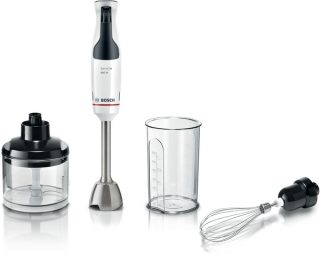 Блендер (пасатор) Bosch MSM4W421, ErgoMaster, 800 W, Dynamic Speed Control, QuattroBlade System, с включени блендер, чопър, бъркалка от неръждаема стомана и мерителна чаша, Бял