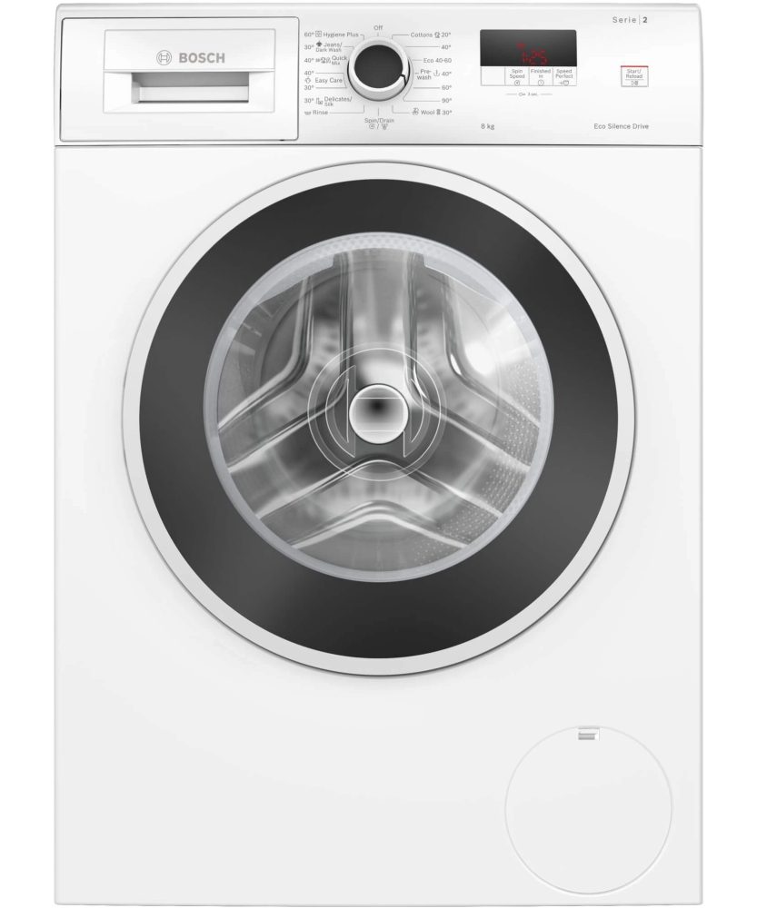 Пералня Bosch WGE03200BY, 8kg, A, 1200rpm, 51/71dB(A), waveDrum 65l, 4 опции, SpeedPerfect, Hygiene+, Jeans/dark wash, врата бяло-черно-сива