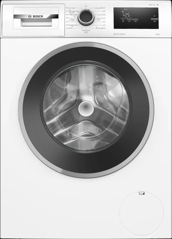 Bosch WAN2806NBY, SER4, Перална машина 8 кг, A, 1400 об/мин, 51/72 dB(A), Iron Assist, waveDrum 65 l, 4 опции, сребърно-черна врата