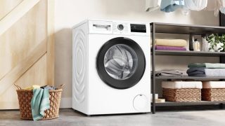 Пералня Bosch WAN2826BBY, 9 kg, A, 1400 об/мин, Iron Assist, waveDrum 65 l, черна-черно-сива врата