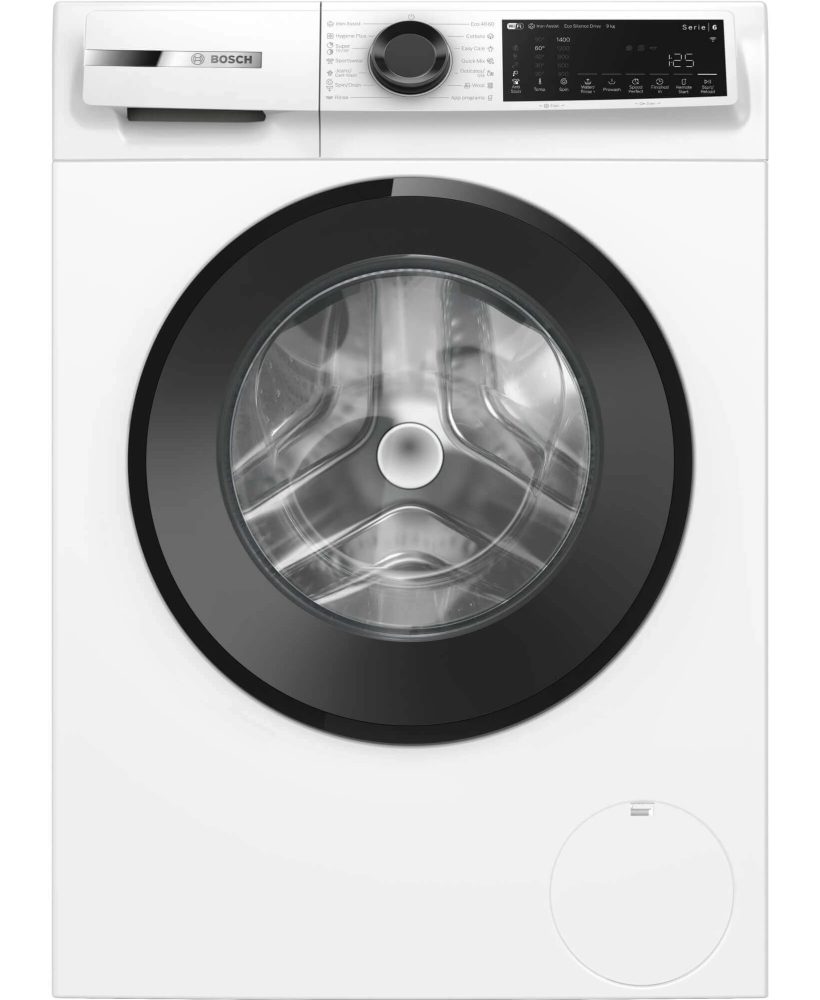 BOSCH WGJ24401BY SER6 перална машина, 9 кг, A, 1400 об/мин, 52/72dB(A), Iron Assist, waveDrum 65л, AntiStain 4 през приложението, черна-черносива врата, HC, наклонен директен сензорен дисплей
