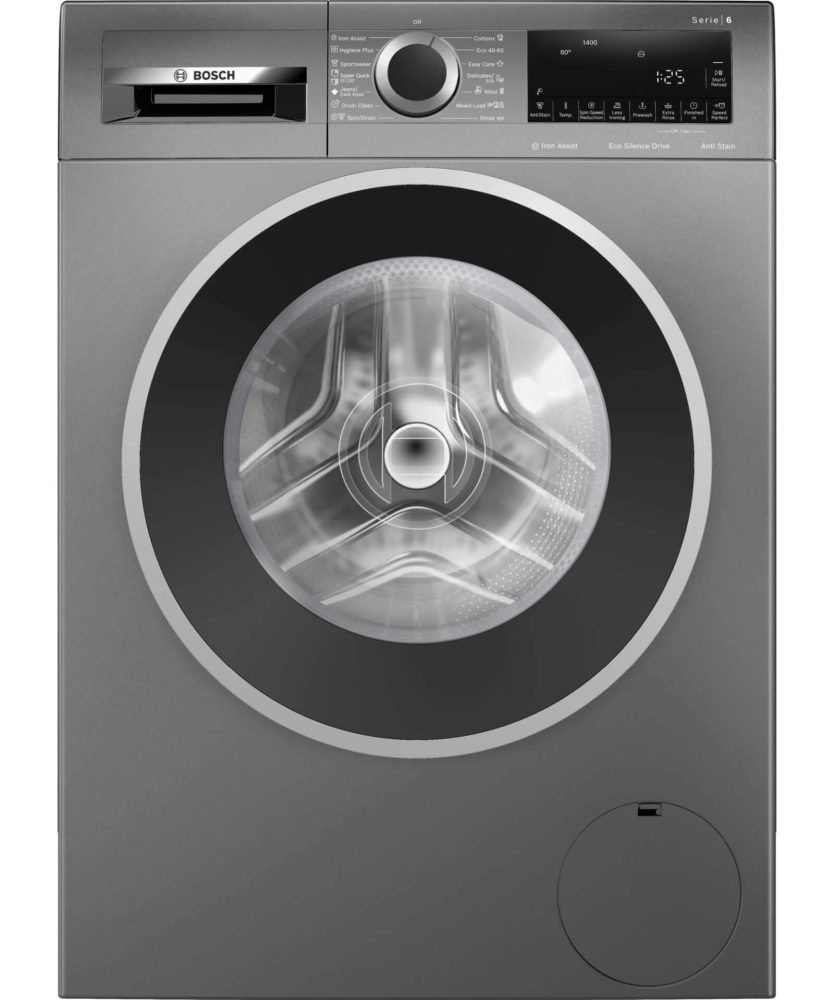 Пералня Bosch WGG244ZREU, SER6, 9kg, A, 1400rpm, 51/71dB(A), Iron Assist, AntiStain 4, waveDrum 65l, сребристо-черна врата, чугунено сива