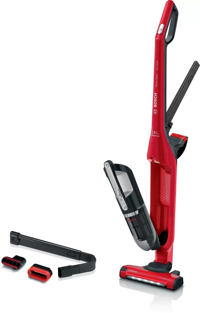 Bosch BBH3ZOO28, акумулаторна прахосмукачка 2 в 1 Flexxo Gen2 ProAnimal, Serie 4, 28V, 82 dB(A), четка ProAnimal с LED, вградени аксесоари, Червена
