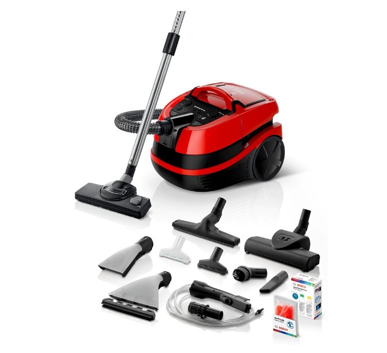 Bosch BWD421PET 3в1 прахосмукачка за сухо и мокро почистване, контейнер за прах 2,5 л, 2100 W, HEPA H13, обхват 12 м, дюзи за поемане на течности, паркетна четка, турбо четка, четка за матраци, резервоар за вода: 5 л, търнадо червено-черно