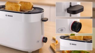 Тостер Bosch TAT2M121 MyMoment Compact, 950 W, автоматично изключване, настройка за размразяване и затопляне, вградена затопляща решетка, високо повдигане, бял