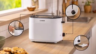 Тостер Bosch TAT2M121 MyMoment Compact, 950 W, автоматично изключване, настройка за размразяване и затопляне, вградена затопляща решетка, високо повдигане, бял