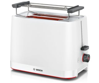Тостер Bosch TAT3M121 MyMoment Compact, 950 W, автоматично изключване, настройка за размразяване и затопляне, разглобяема и сгъваема поставка за хлебчета, високо повдигане, матово бял