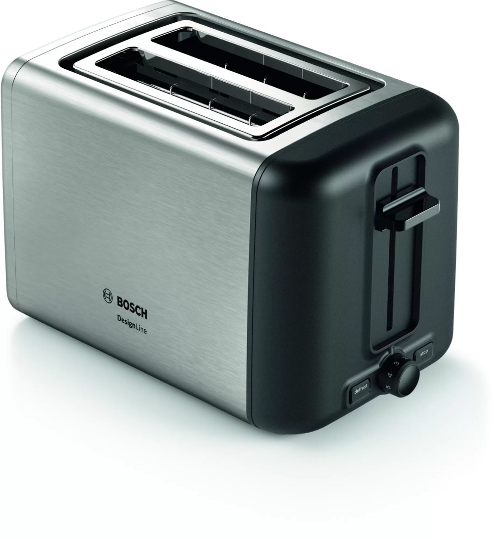 BOSCH TAT3P420, Компактен тостер, DesignLine, Неръждаема стомана, 820-970 W, Автоматично изключване, Настройка за размразяване и затопляне, Високо повдигане