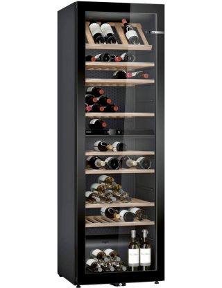 Bosch KWK36ABGA SER6 Витрина за вино със стъклена врата, G, 186 x 60 x 61 см, брой рафтове - 10, капацитет за бутилки от 750 мл - 199, температурен диапазон (°C) - 7-19 °C, 38 dB(A), брой температурни зони - 2