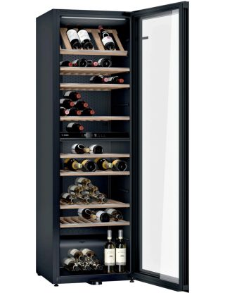 Bosch KWK36ABGA SER6 Витрина за вино със стъклена врата, G, 186 x 60 x 61 см, брой рафтове - 10, капацитет за бутилки от 750 мл - 199, температурен диапазон (°C) - 7-19 °C, 38 dB(A), брой температурни зони - 2
